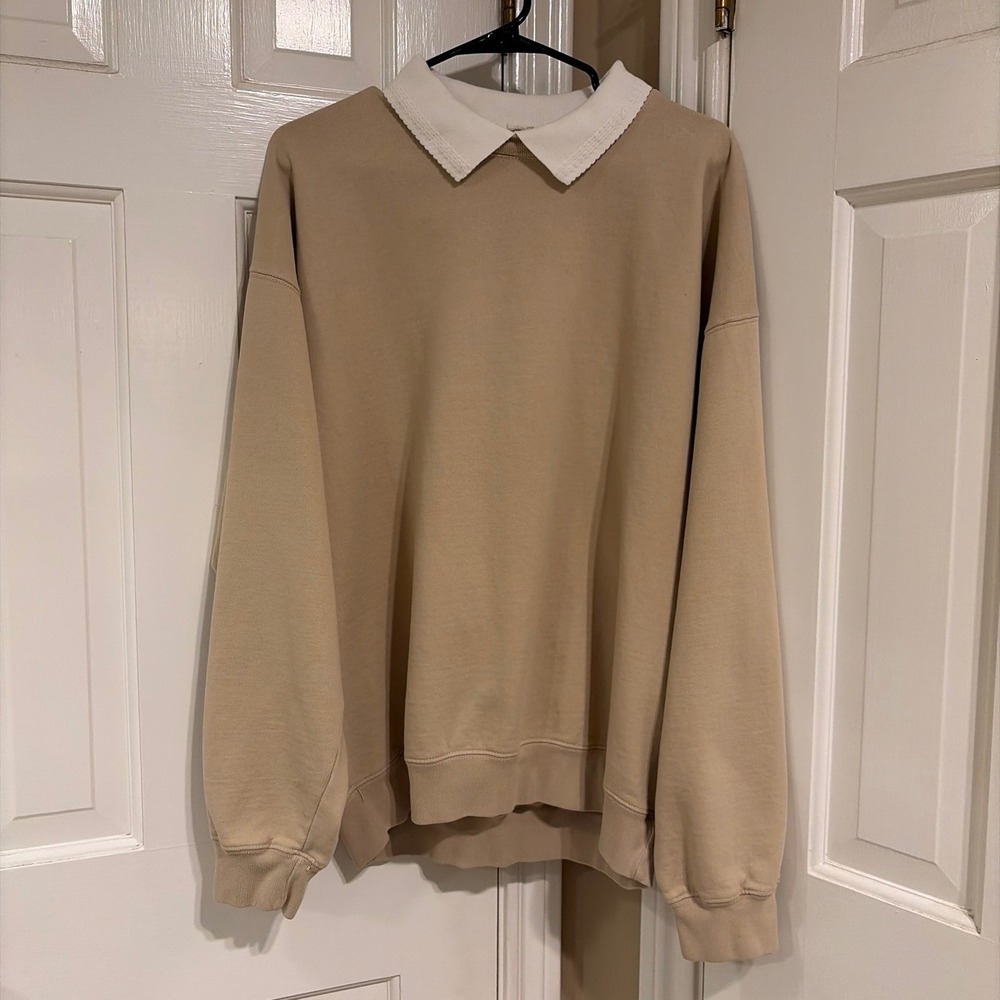 John Galt Womens Oversized Collared Sweatshirt Tan OS Brandy Melville Polo Lace